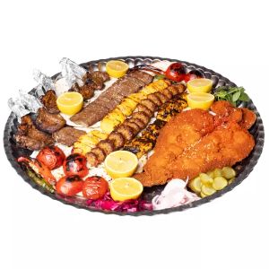 شیشلیک ، جوجه بدون استخوان ، ماهی ، جوجه ترش ، لقمه ممتاز ، برگ گوسفندی ،شش عدد کته