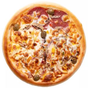 فیله گوساله مزه دار شده ، سینه مرغ مزه دار شده ، ژامبون گوشت و مرغ ممتاز ، فیله گوساله مزه دار شده ، پپرونی ، قارچ ، زیتون ، فلفل دلمه ، سس مارینا ، ذرت ، پنیر میکس