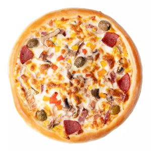 ژامبون گوشت و مرغ ممتاز ، هات داگ ، قارچ، فلفل دلمه ، سس مارینا ، ذرت ، زیتون , پنیر میکس